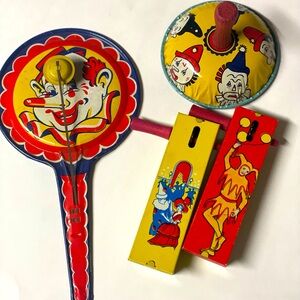 Lots of 1928 KIRCHHOF  TIN TOY NEWARK, NJ. Clown theme. Noise makers 4 items